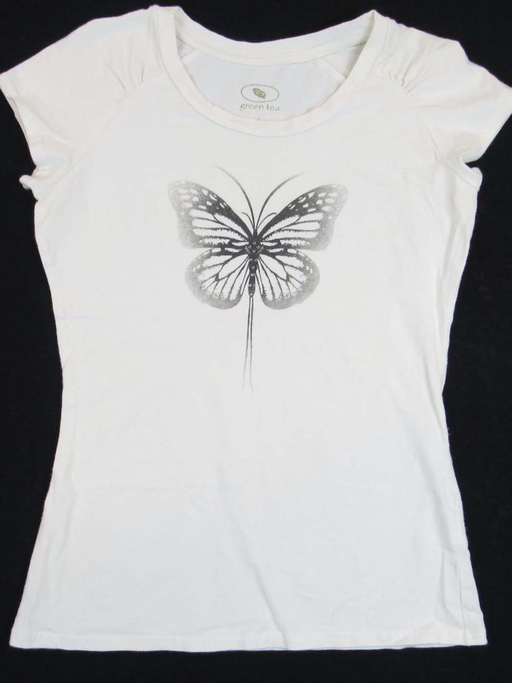 Green Tea Juniors Size Small Butterfly Rhinestone Tee Fitted Stretch White Top